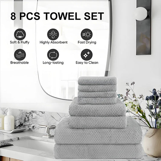 Towels Bath 8 Piece Towels Set, 2 Extra Large Bath Towels, 2 Hand Towels, 4 Washcloths, Cotton, Lighter Weight, Quicker to Dry