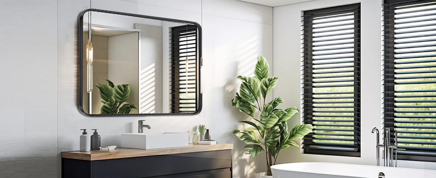 Vanity Rectangle Rounded Corner Tempered Glass Mirror Metal Framed