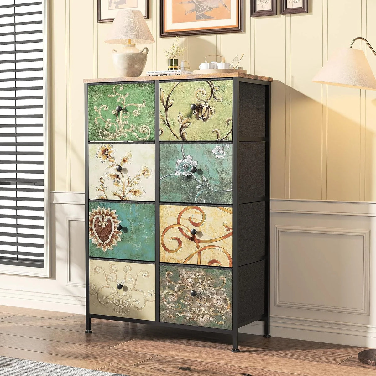 Vintage Tall Storage Chest with Wooden Top and Metal Frame Floral Dresser