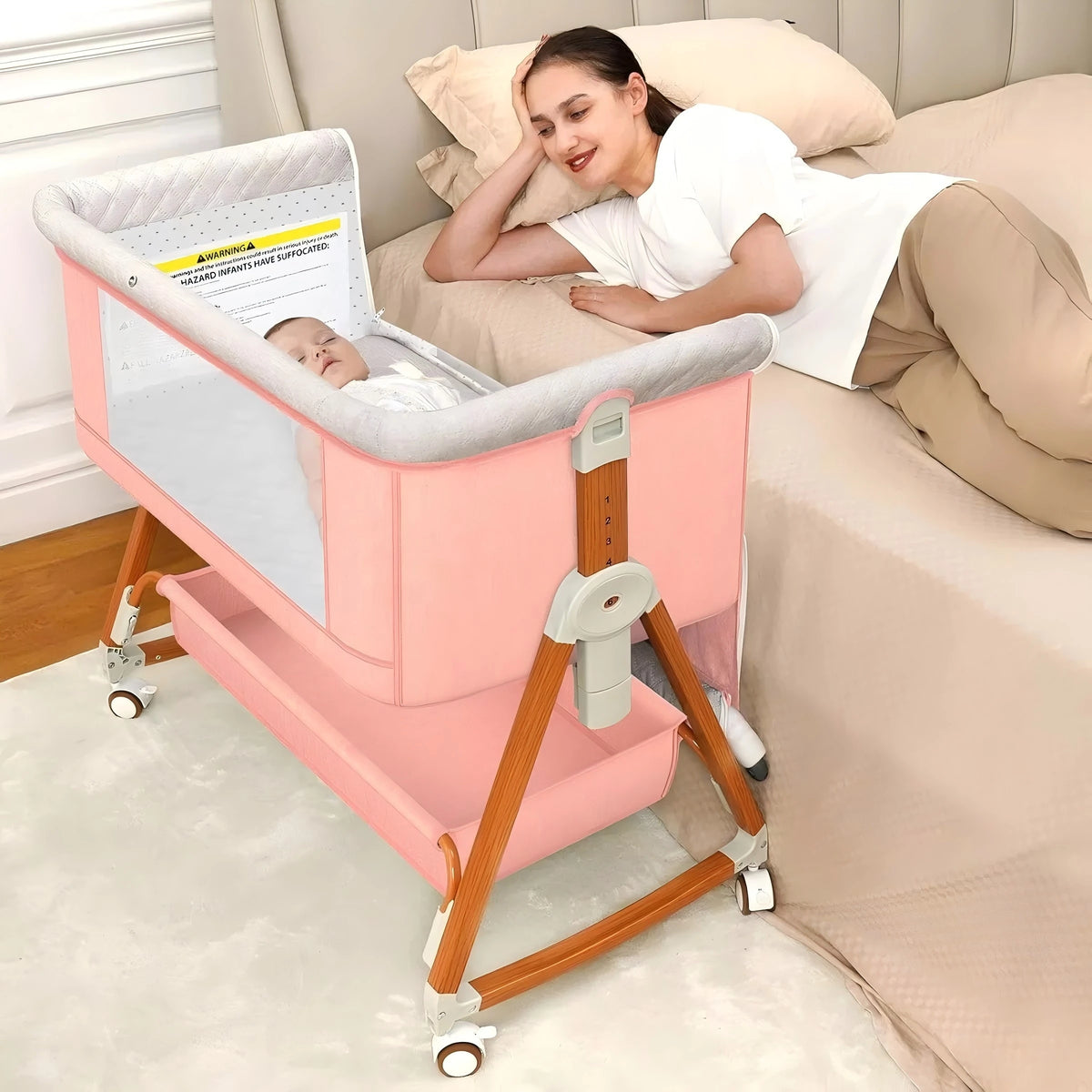 Portable Bedside Bassinet for Baby with Wheels