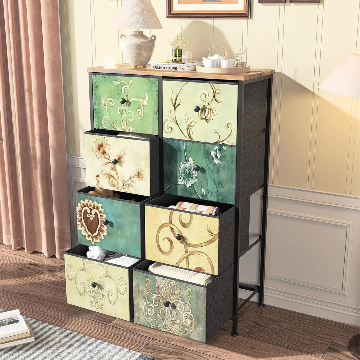 Vintage Tall Storage Chest with Wooden Top and Metal Frame Floral Dresser