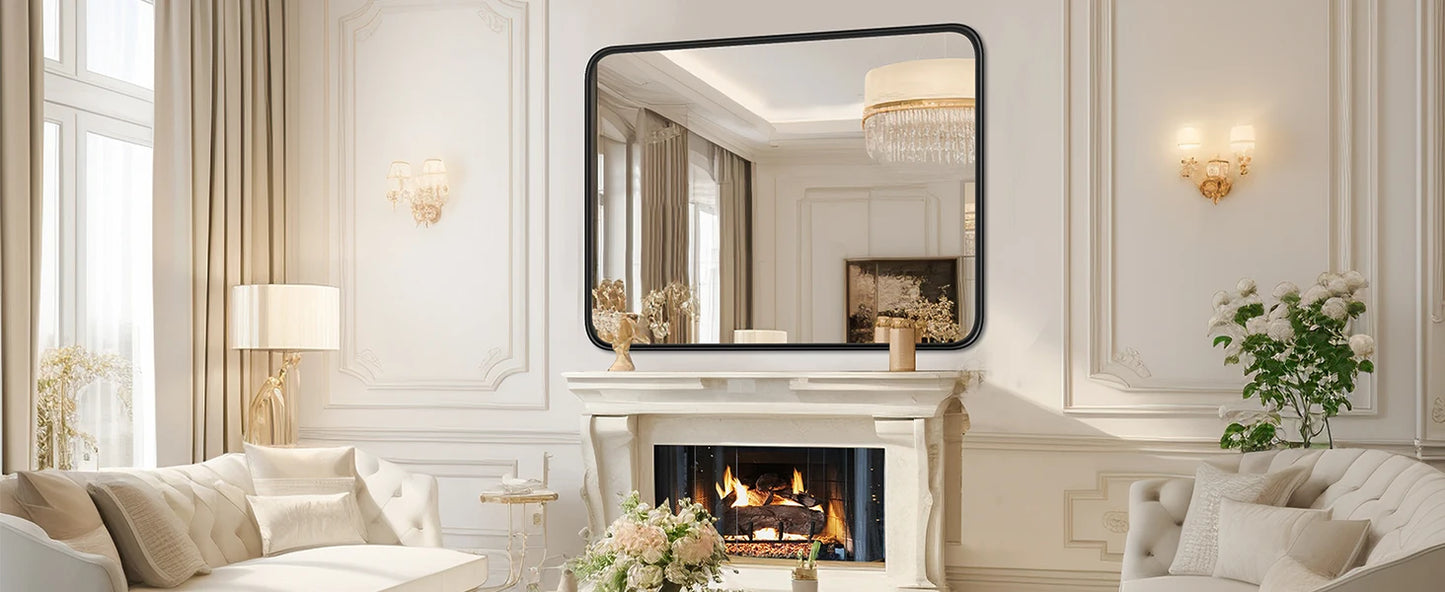 Vanity Rectangle Rounded Corner Tempered Glass Mirror Metal Framed