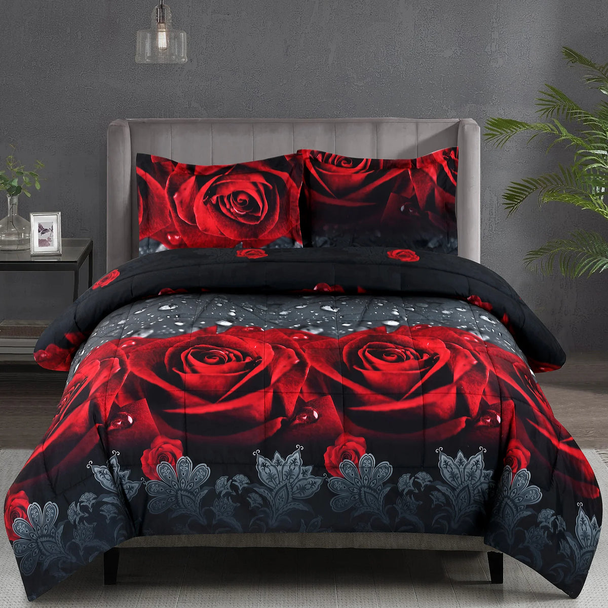 3D Red Rose Printed Comforter Set