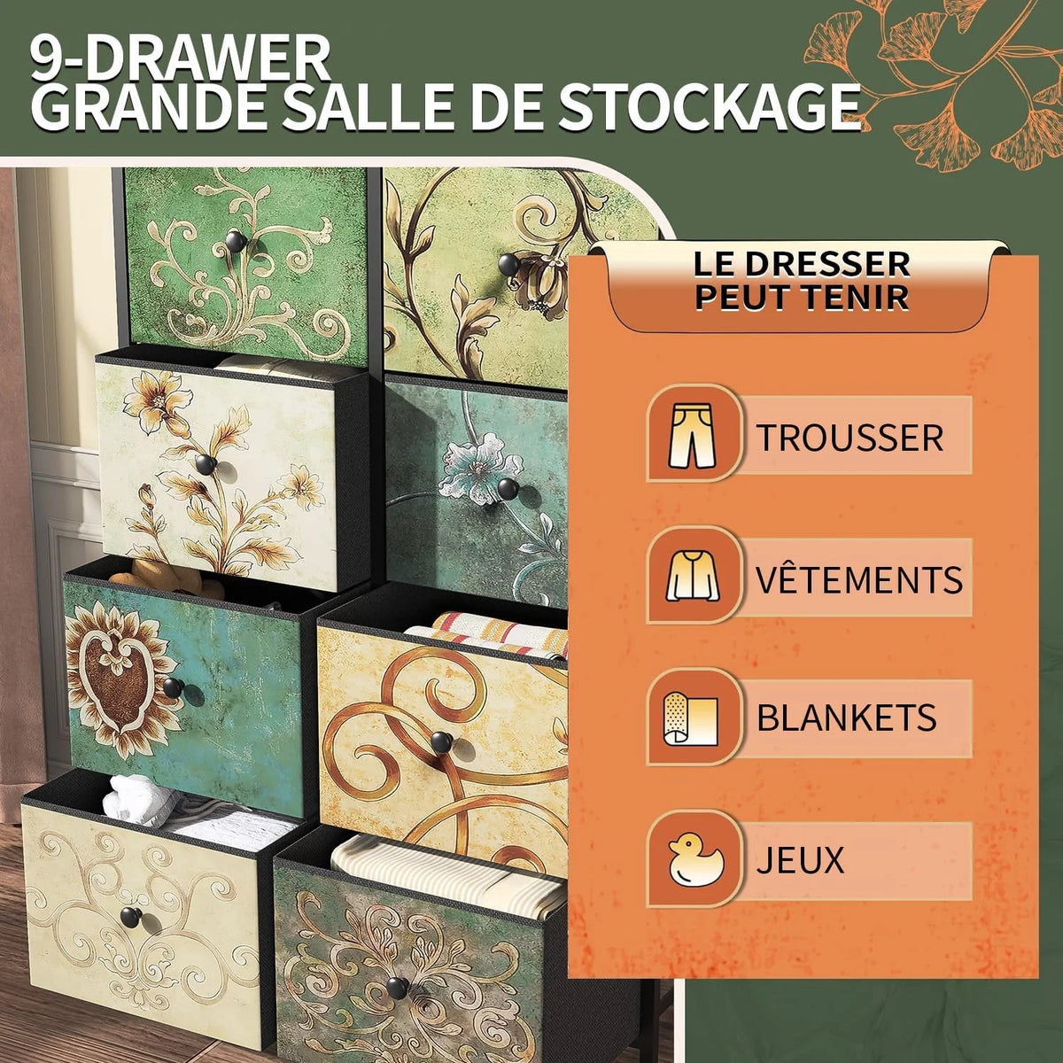 Vintage Tall Storage Chest with Wooden Top and Metal Frame Floral Dresser