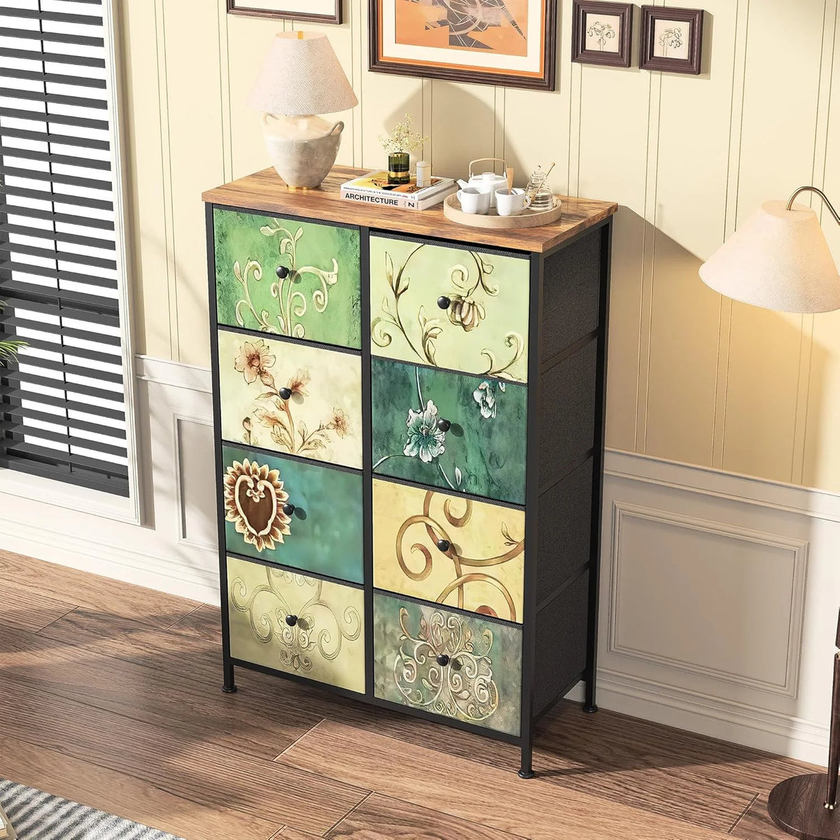 Vintage Tall Storage Chest with Wooden Top and Metal Frame Floral Dresser