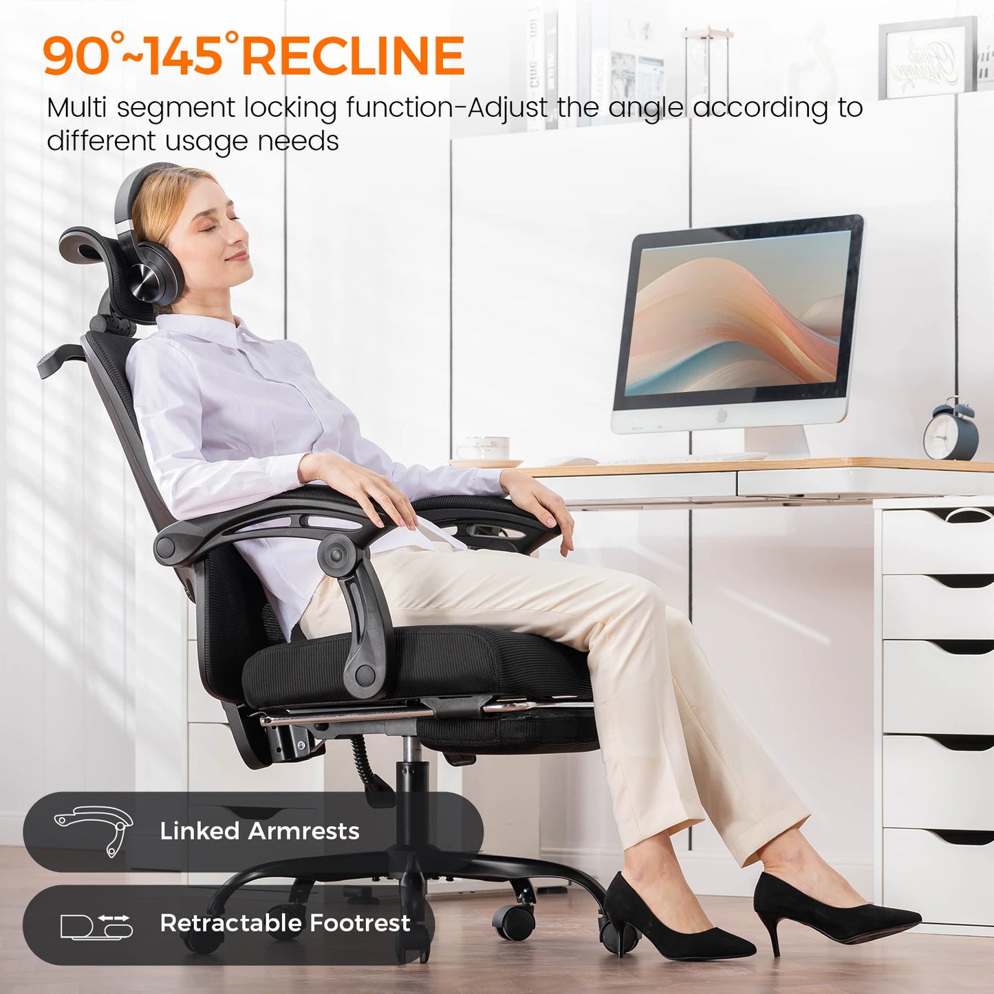 Office Chair: High Back Ergonomic W/ 3D Adjustable Lumbar, Headrest and more