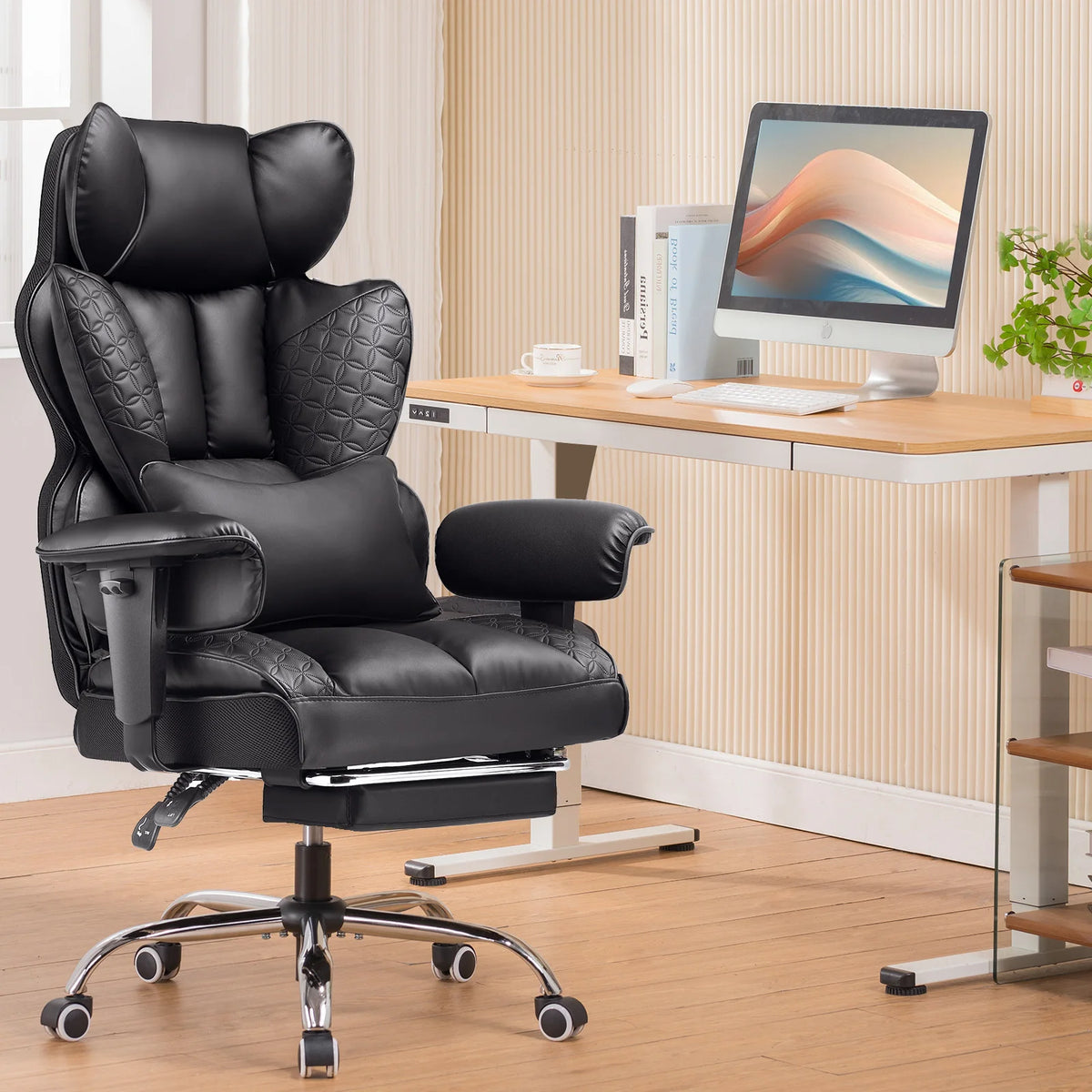 Ergonomic Leather Chair with High Back and Footrest