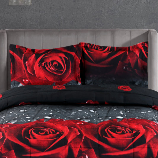 3D Red Rose Printed Comforter Set