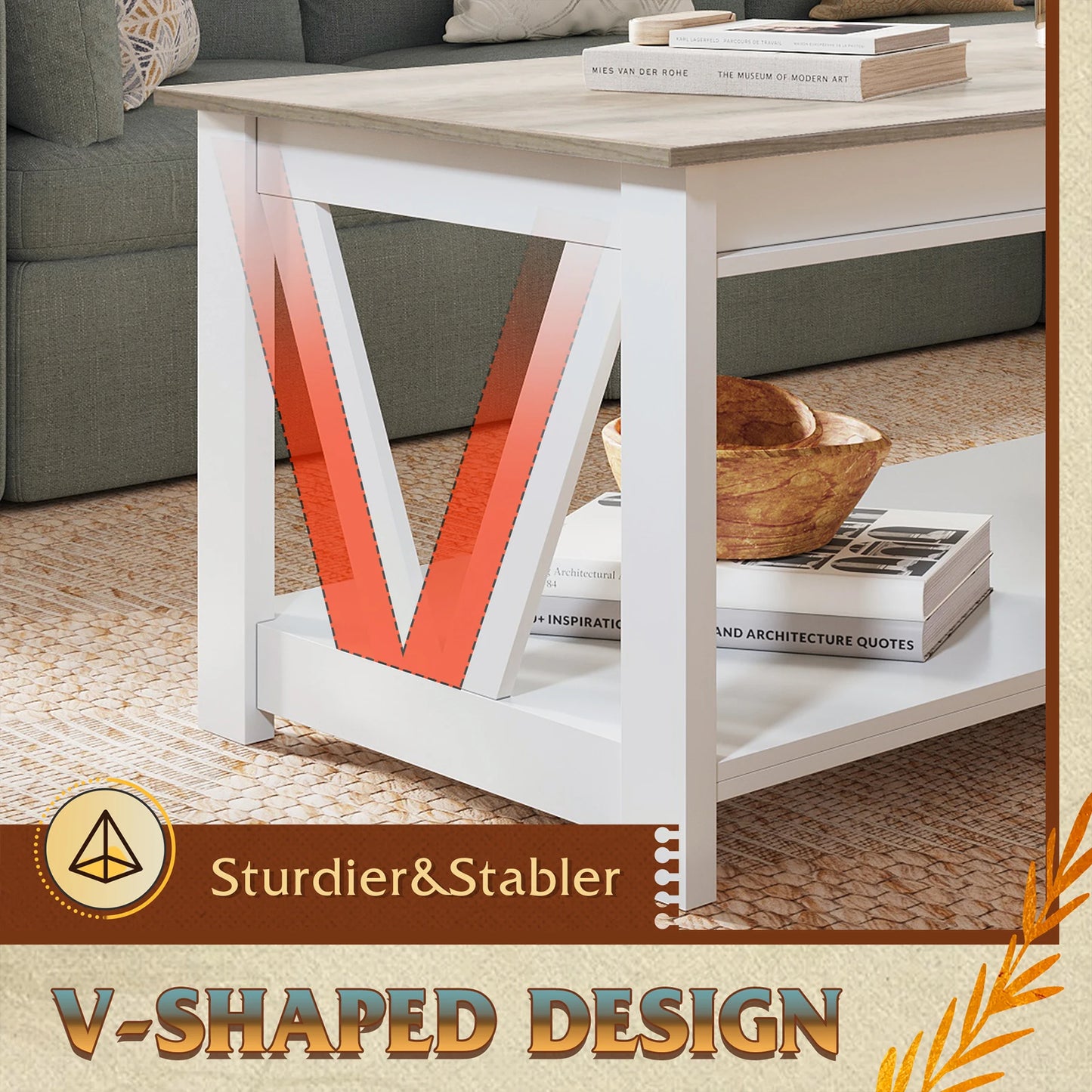 V Shaped Support Storage Shelf Coffee Table