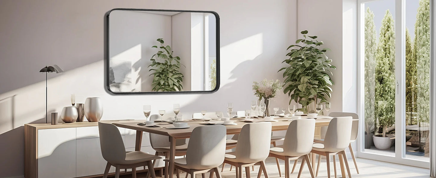 Vanity Rectangle Rounded Corner Tempered Glass Mirror Metal Framed