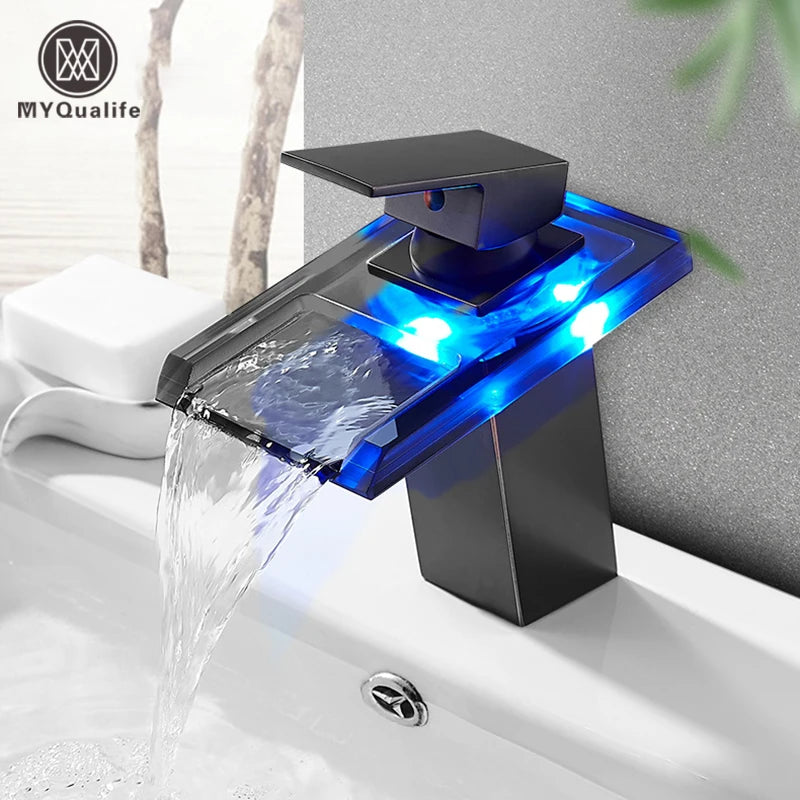 Luxury LED Color Changing Waterfall Basin Sink Faucet Single Handle Deck Mounted Hot and Cold Mixer Taps