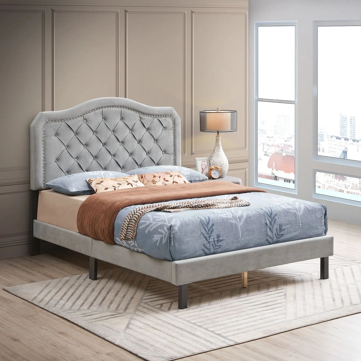 Strong Wood Velvet Platform Bed with Button Tufted Upholstery