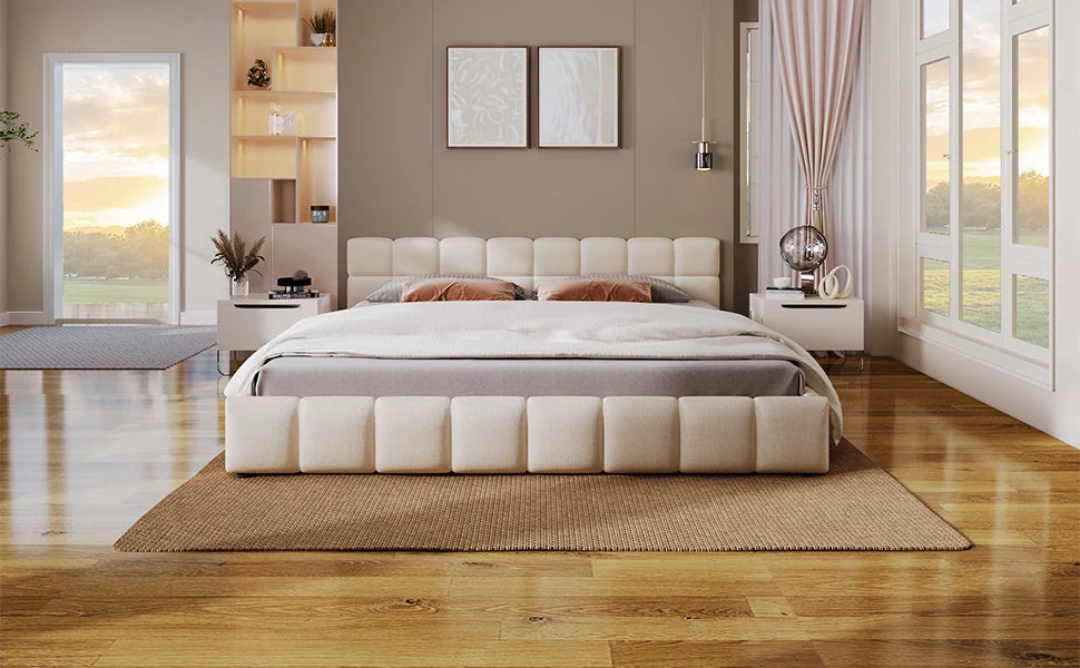 Modern Queen Size Beige Upholstered Bedroom Bed Frame with Checkerboard Design