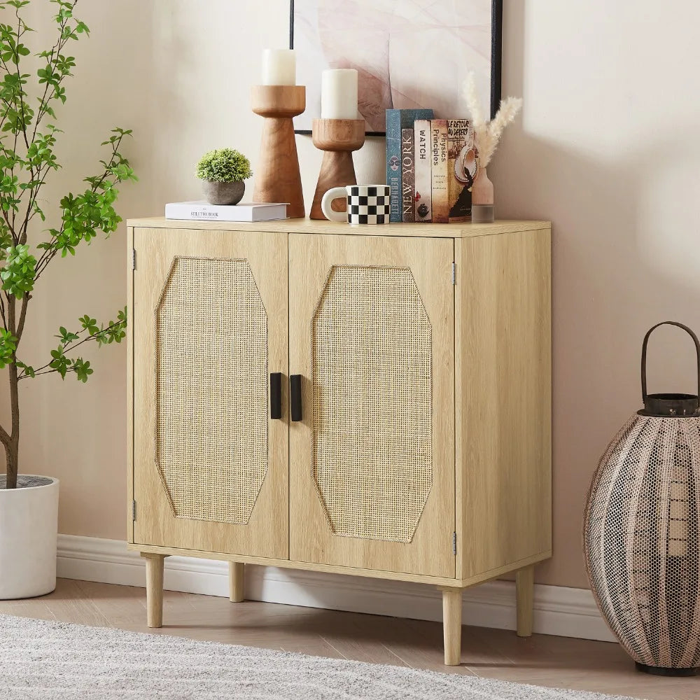Modern Natural Rattan Decorative Doors Storage Cabinets