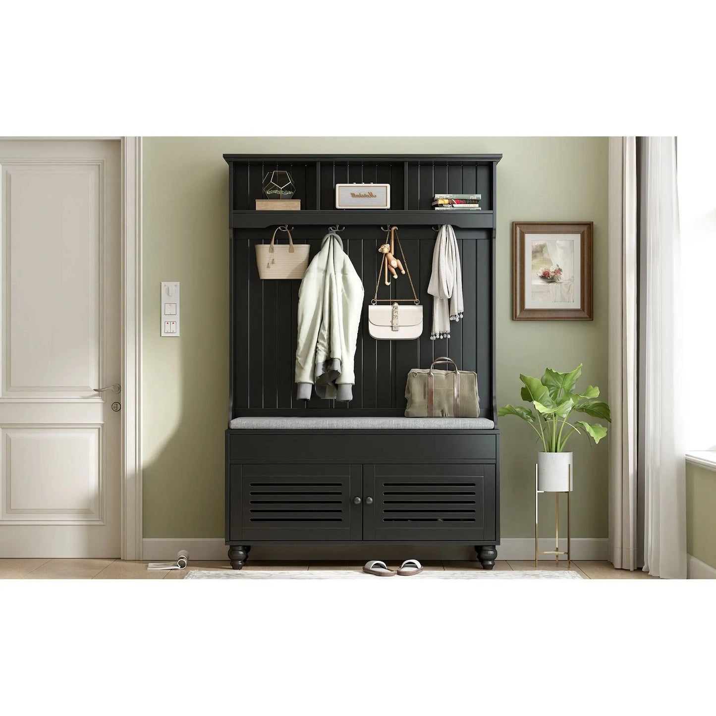 Entryway Bench - Hall Tree with Shutter-shaped Doors Coat Rack