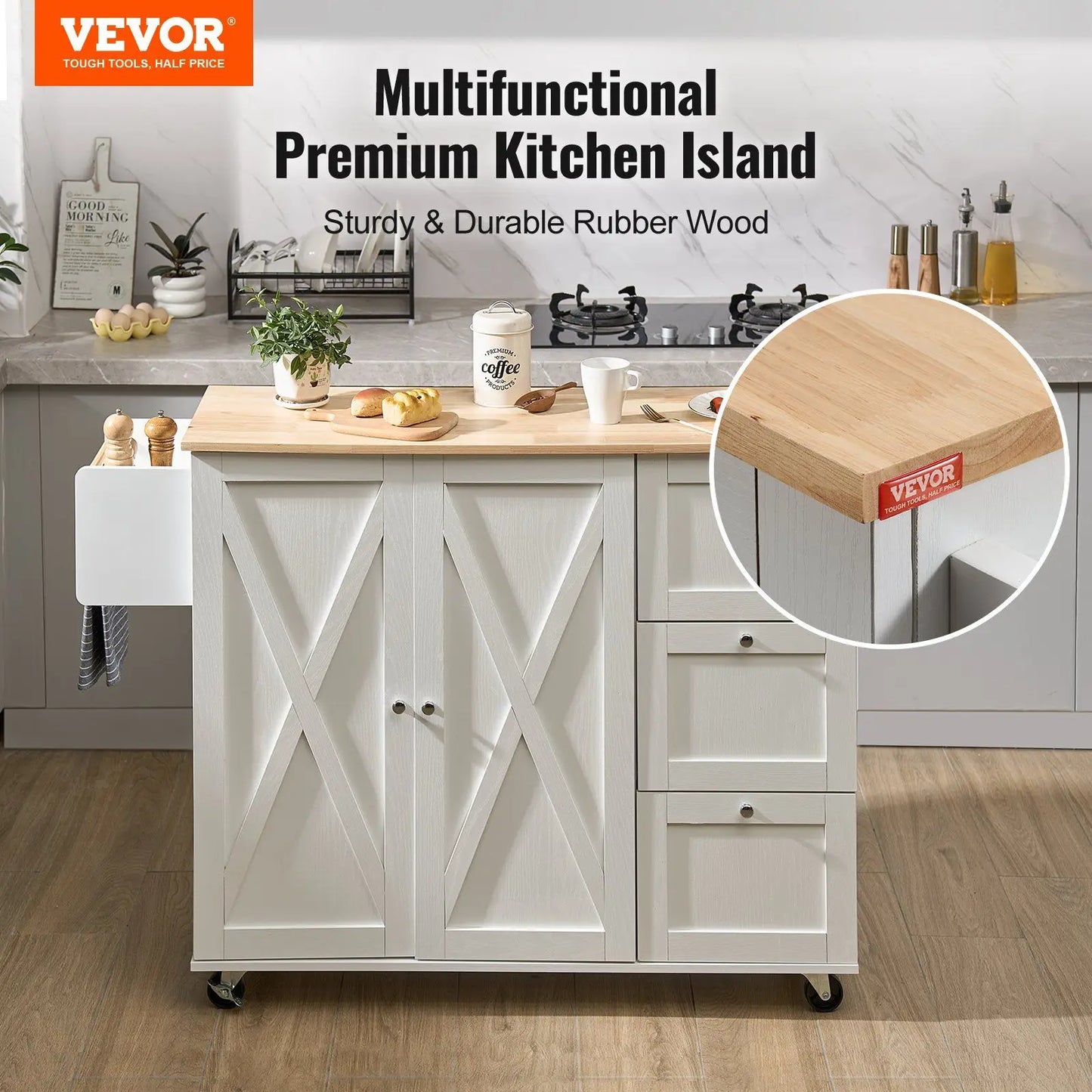 Modern Design Kitchen Island - Solid Wood Top - Cart with Storage Cabinet & Rolling Wheels