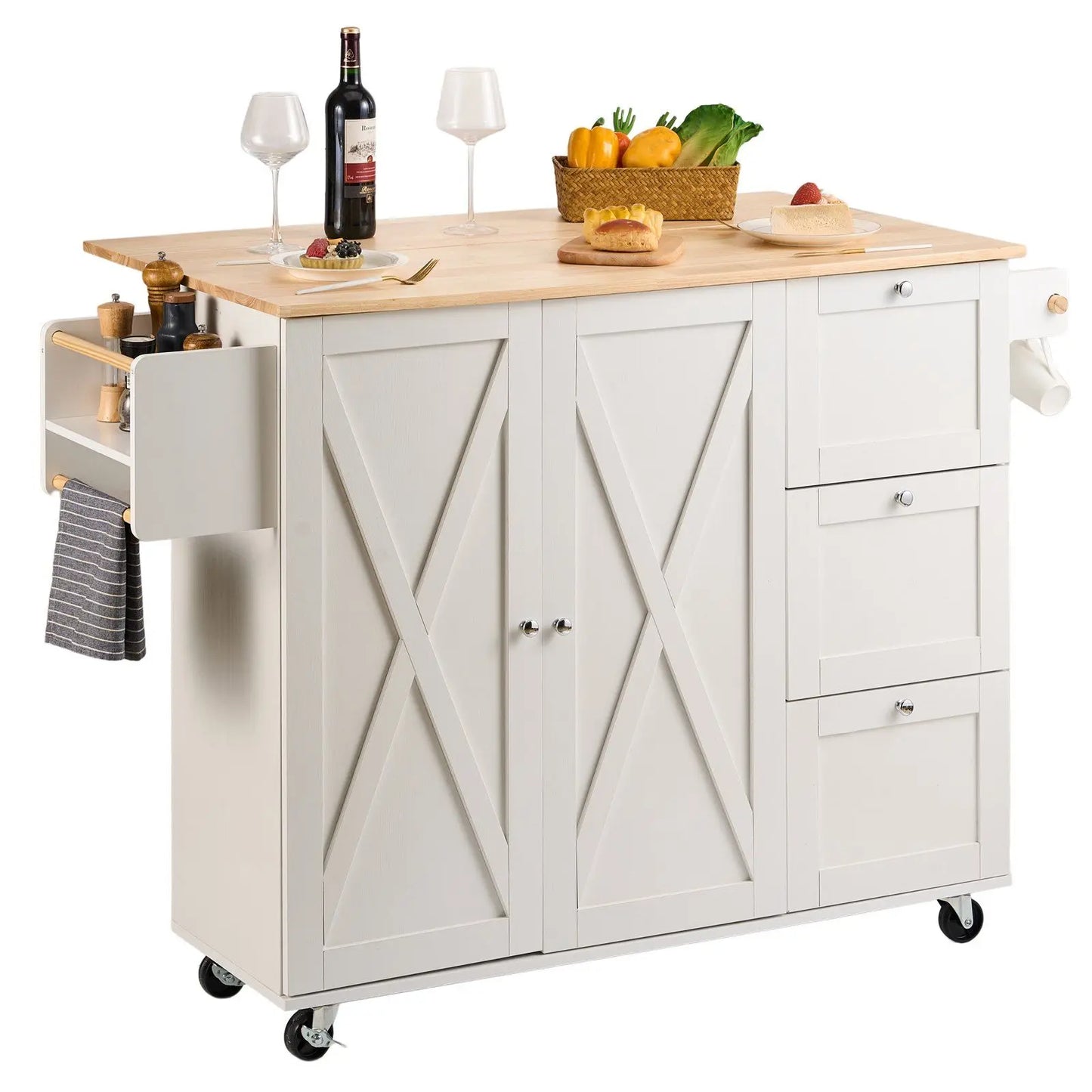 Modern Design Kitchen Island - Solid Wood Top - Cart with Storage Cabinet & Rolling Wheels