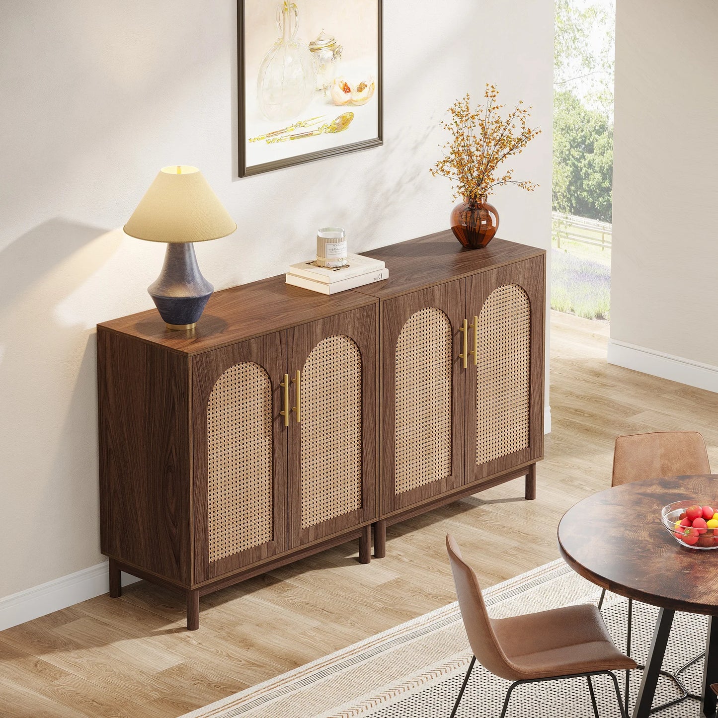 Rustic Brown Wood Rattan Sideboard Cabinet Furniture