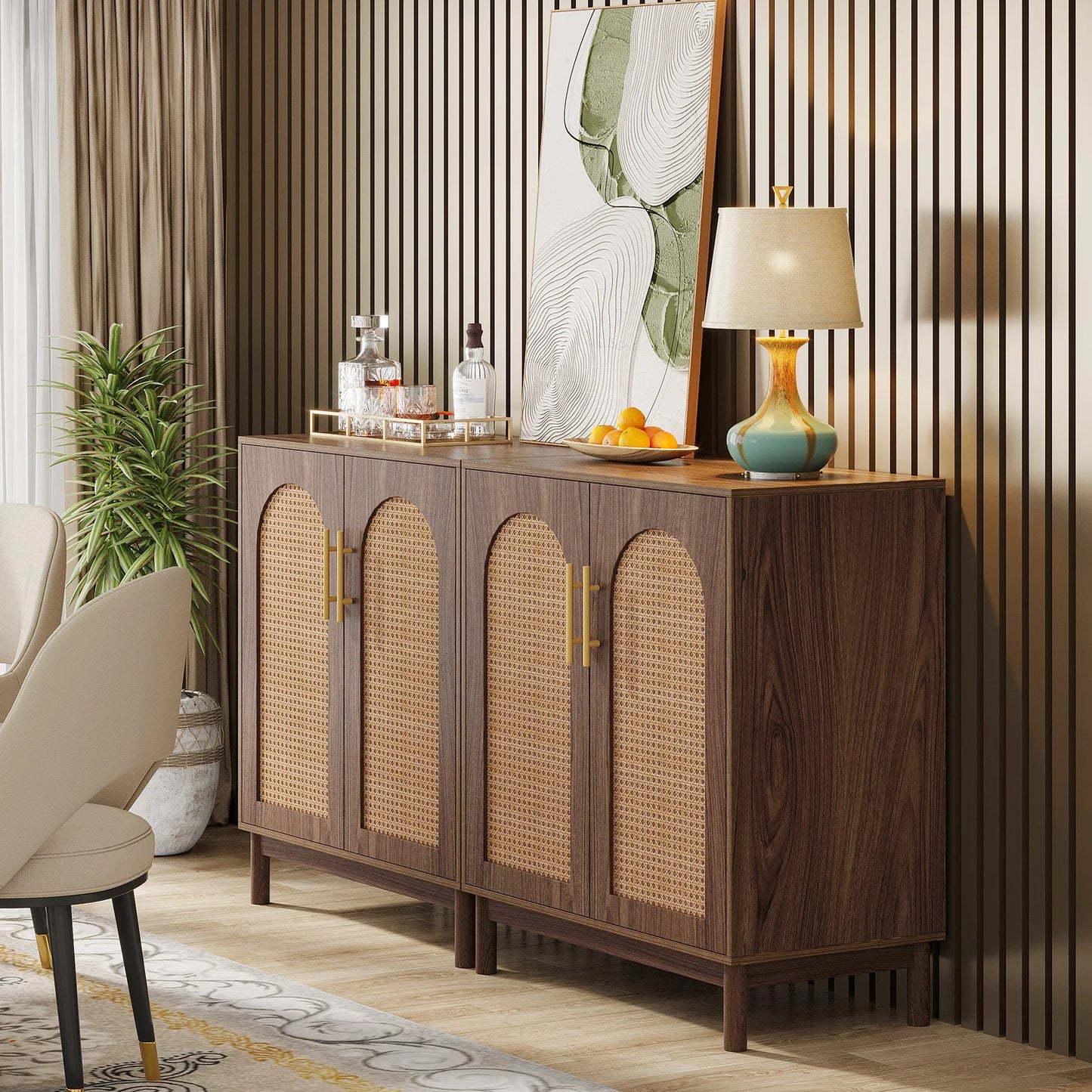 Rustic Brown Wood Rattan Sideboard Cabinet Furniture