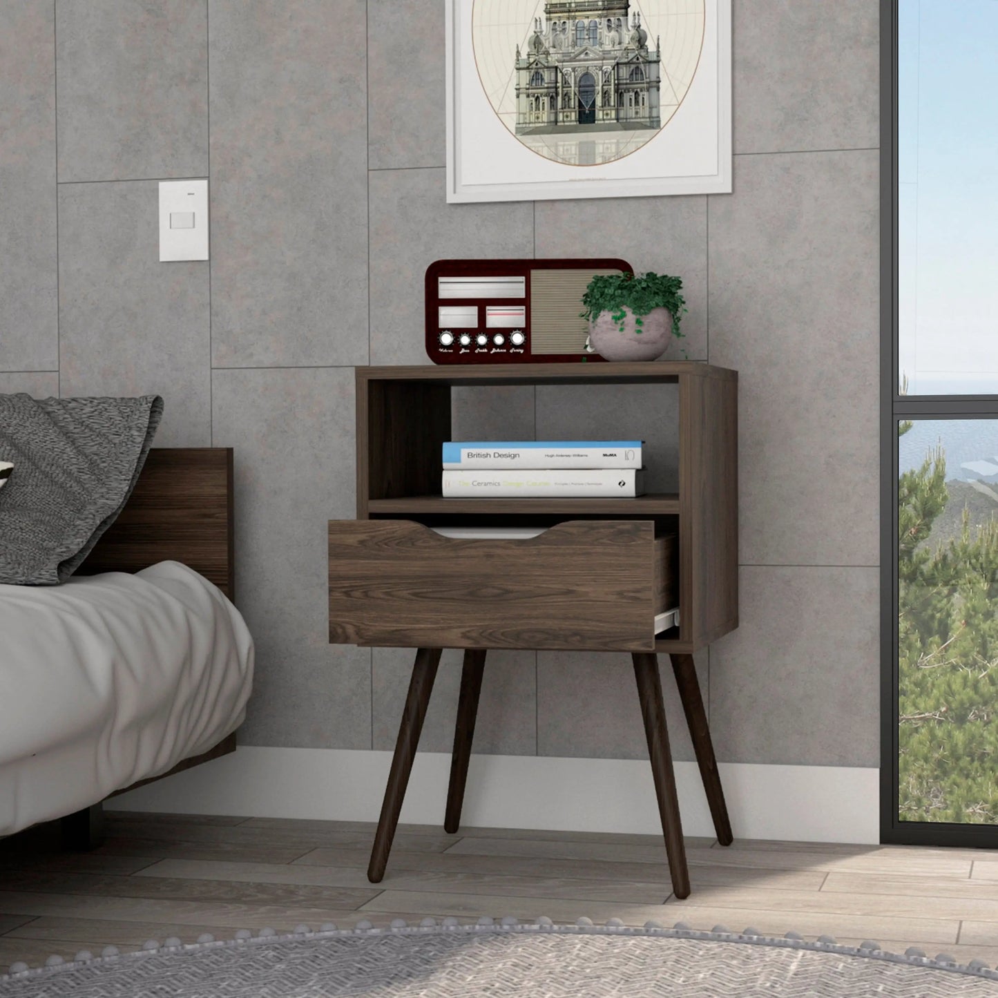 Emma Nightstand with One Open Shelf and One Drawer