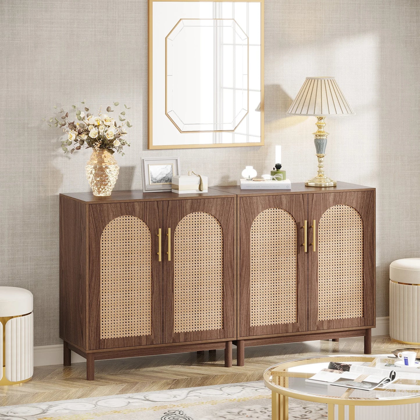 Rustic Brown Wood Rattan Sideboard Cabinet Furniture