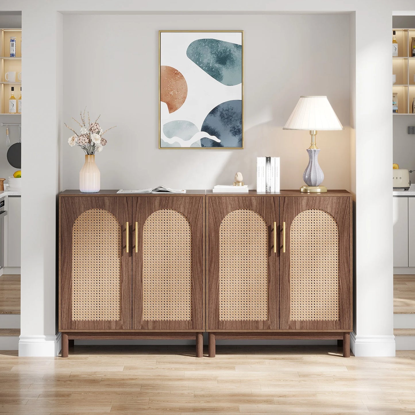 Rustic Brown Wood Rattan Sideboard Cabinet Furniture