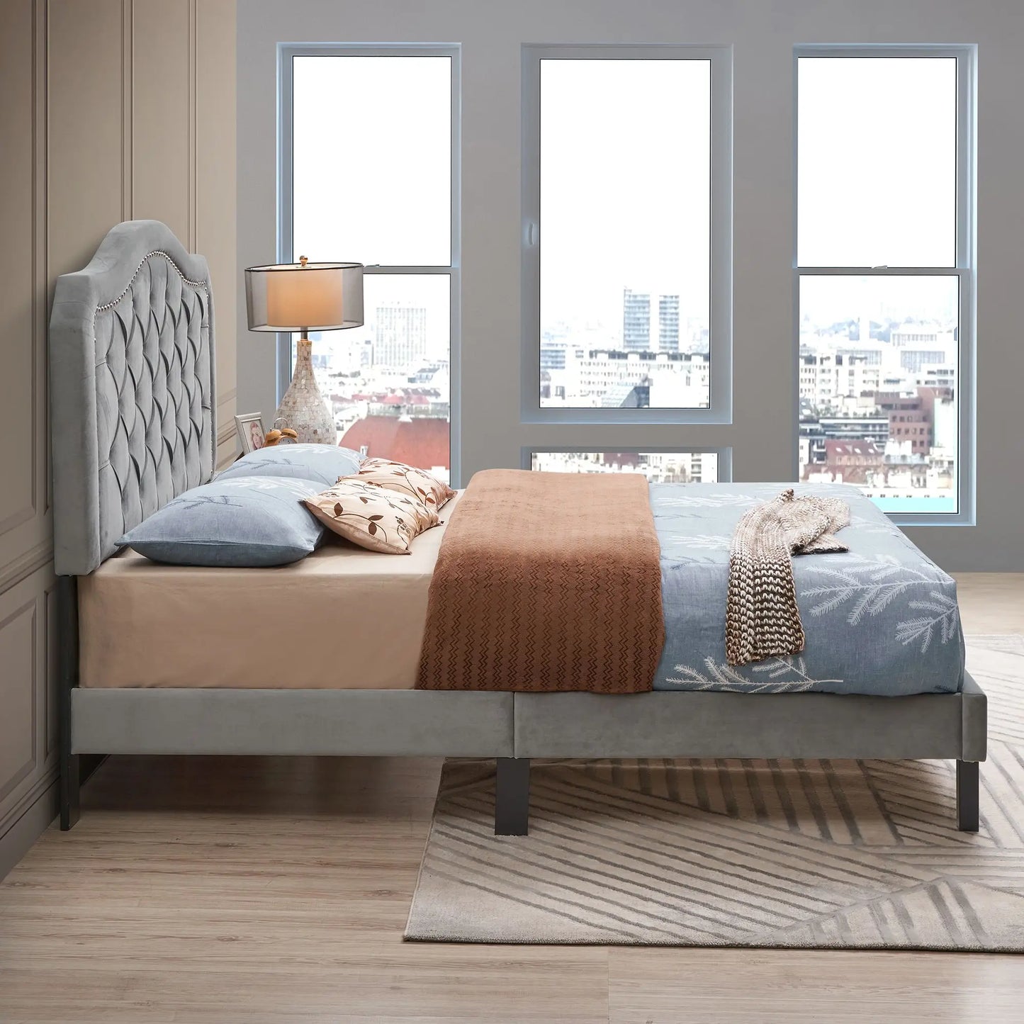 Strong Wood Velvet Platform Bed with Button Tufted Upholstery