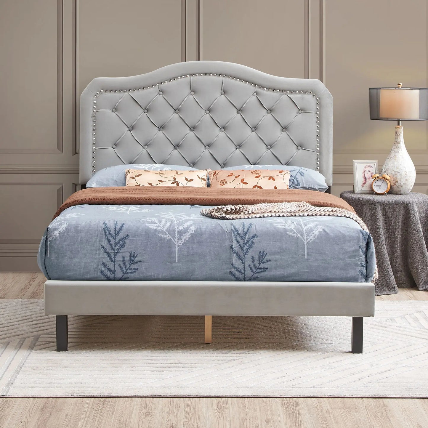 Strong Wood Velvet Platform Bed with Button Tufted Upholstery