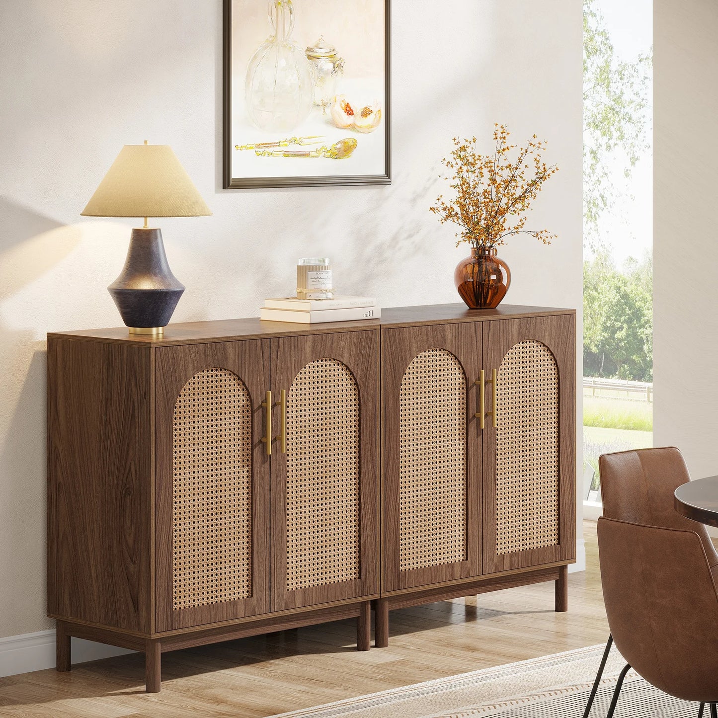 Rustic Brown Wood Rattan Sideboard Cabinet Furniture
