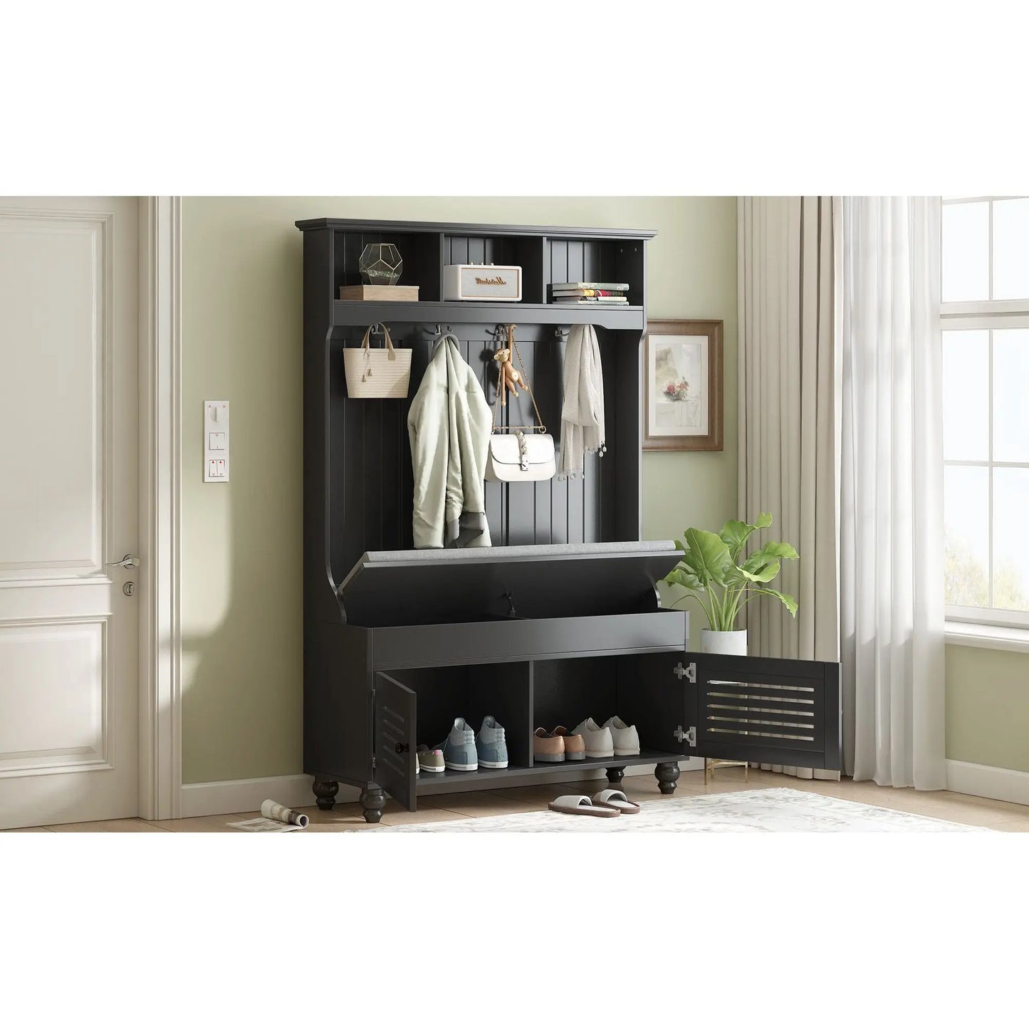 Entryway Bench - Hall Tree with Shutter-shaped Doors Coat Rack