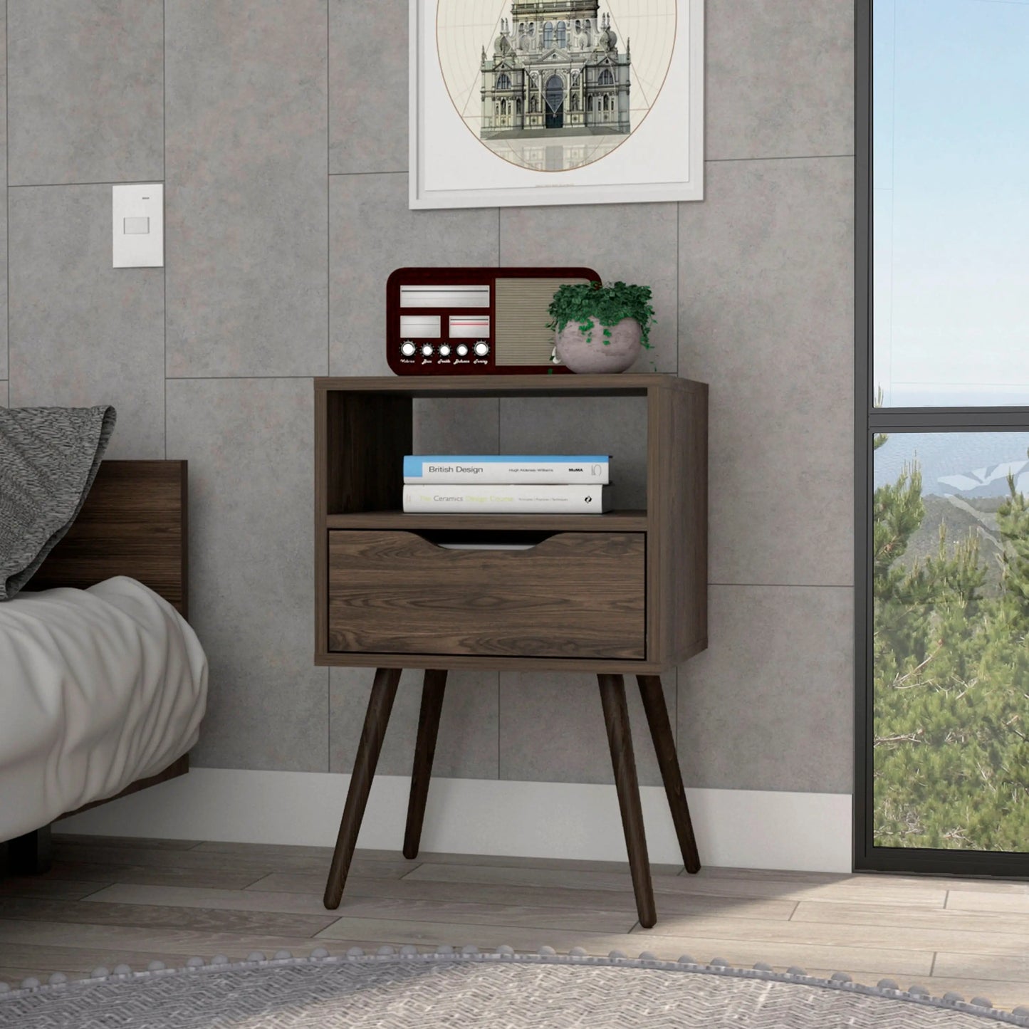 Emma Nightstand with One Open Shelf and One Drawer