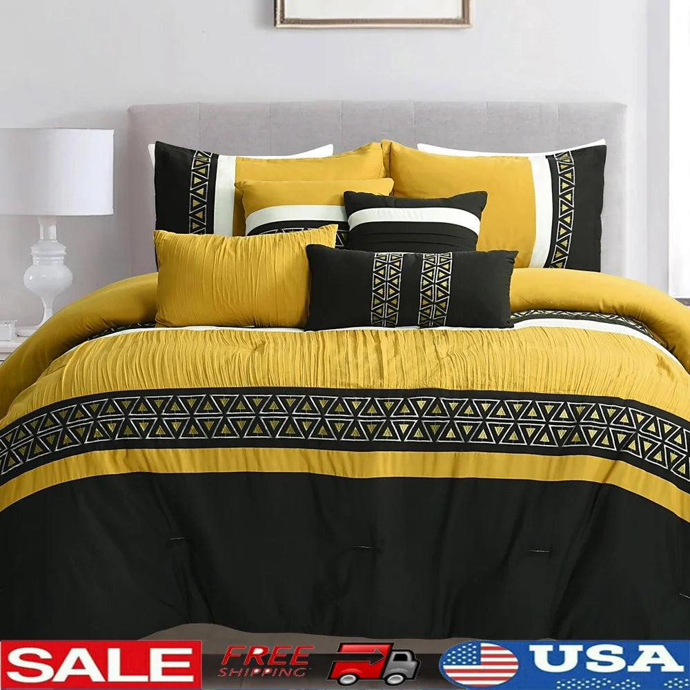 Luxurious Yellow Embroidered Queen Bedding Set