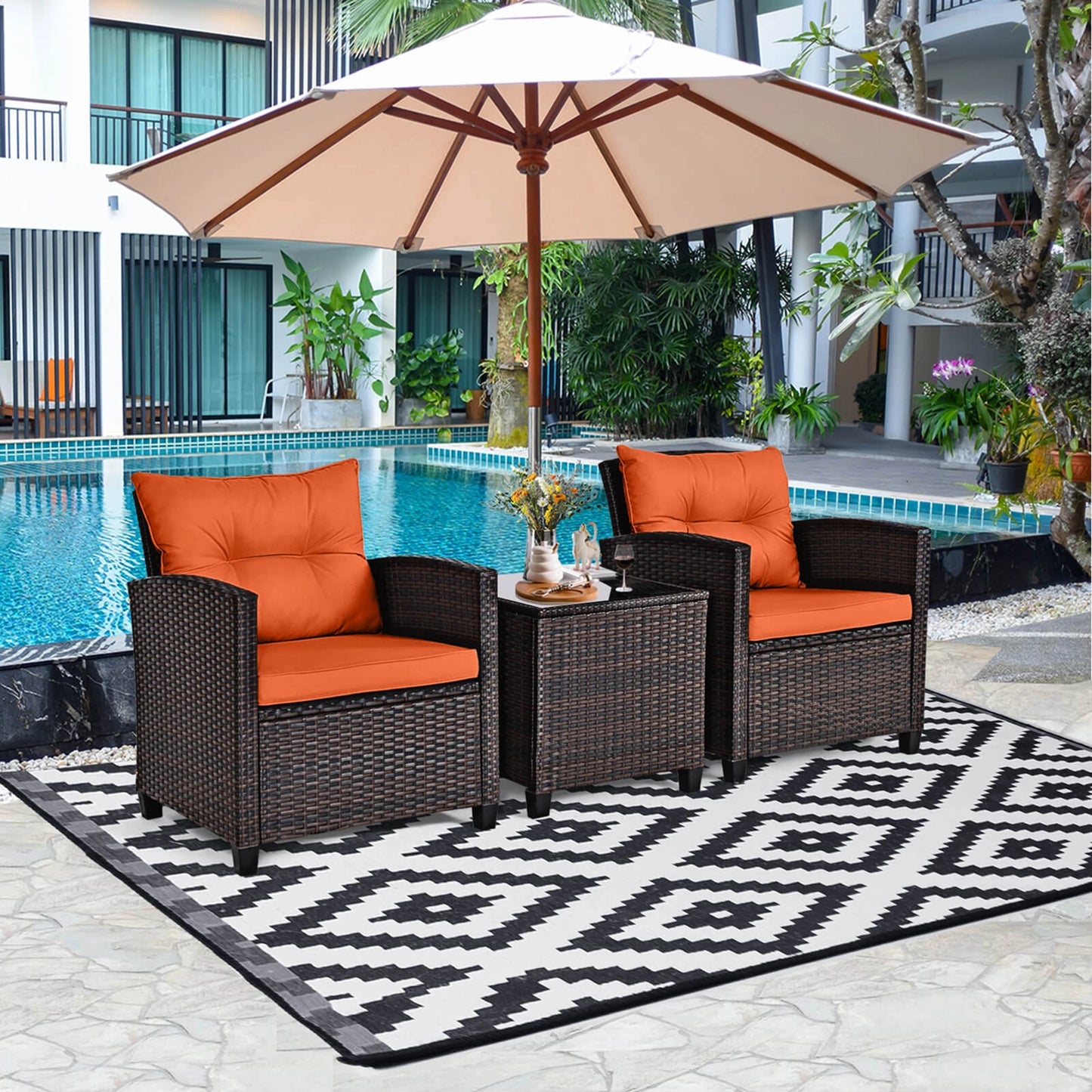 3 PCS Patio Rattan Cushioned Conversation Furniture Set