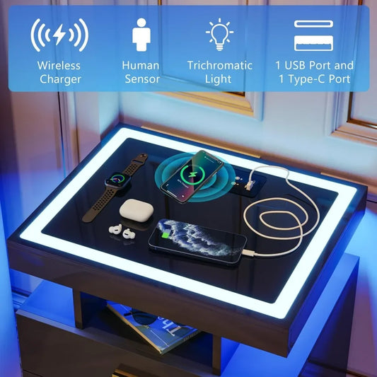 Bedside nightstands with wireless charging & Open Compartments