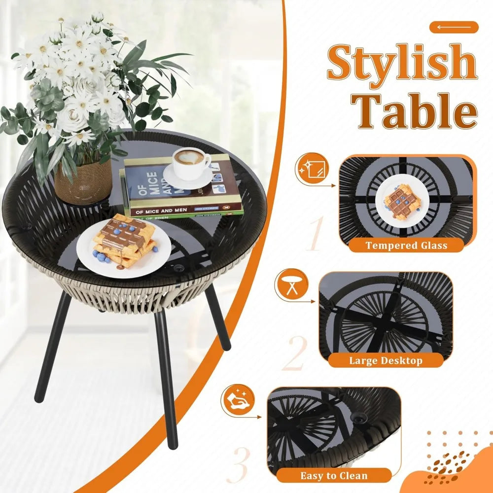 Patio Furniture Set with 2 Wide Chairs and Cushions and with Tempered Glass Table