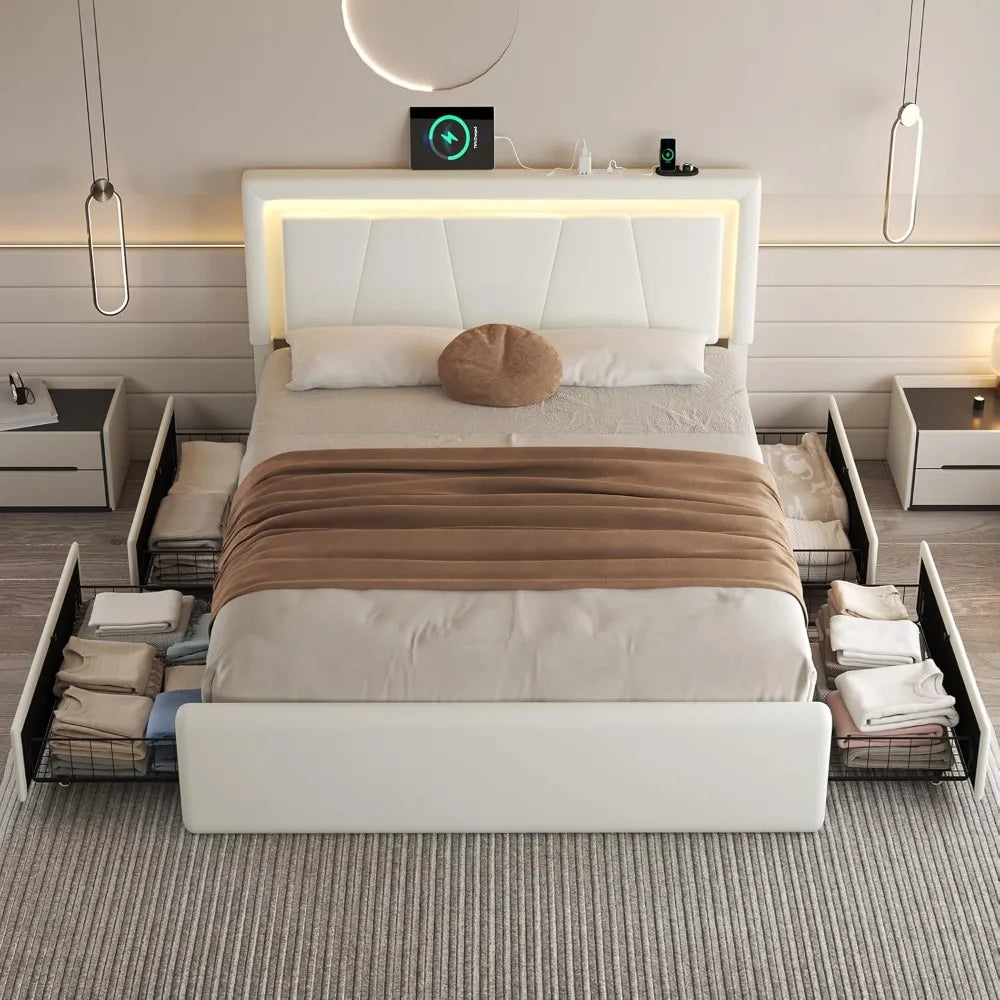Metal Bed Frame with Adjustable Headboard Built-in Charging