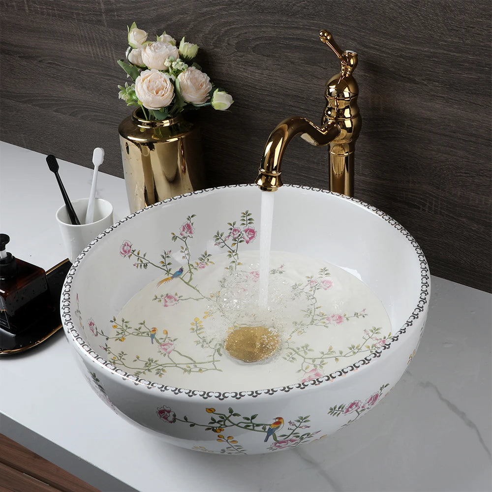 Ceramic Vessel Counter Top Flower Bird Pattern Bowl Sinks for Bathrooms