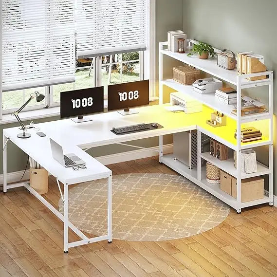 Desk with Storage Shelves and LED Lights for L-Shaped Office Setup