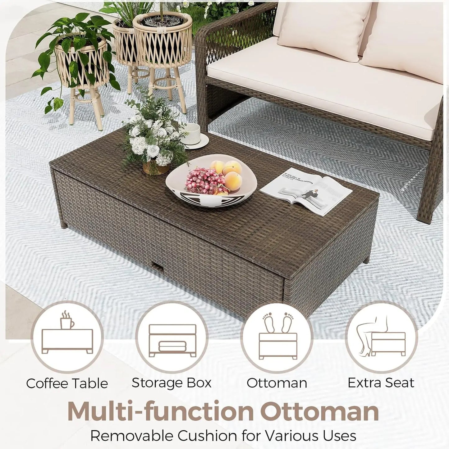 Rattan Daybed Loveseat with Adjustable Backrest & Ottoman and Zipped Cushion