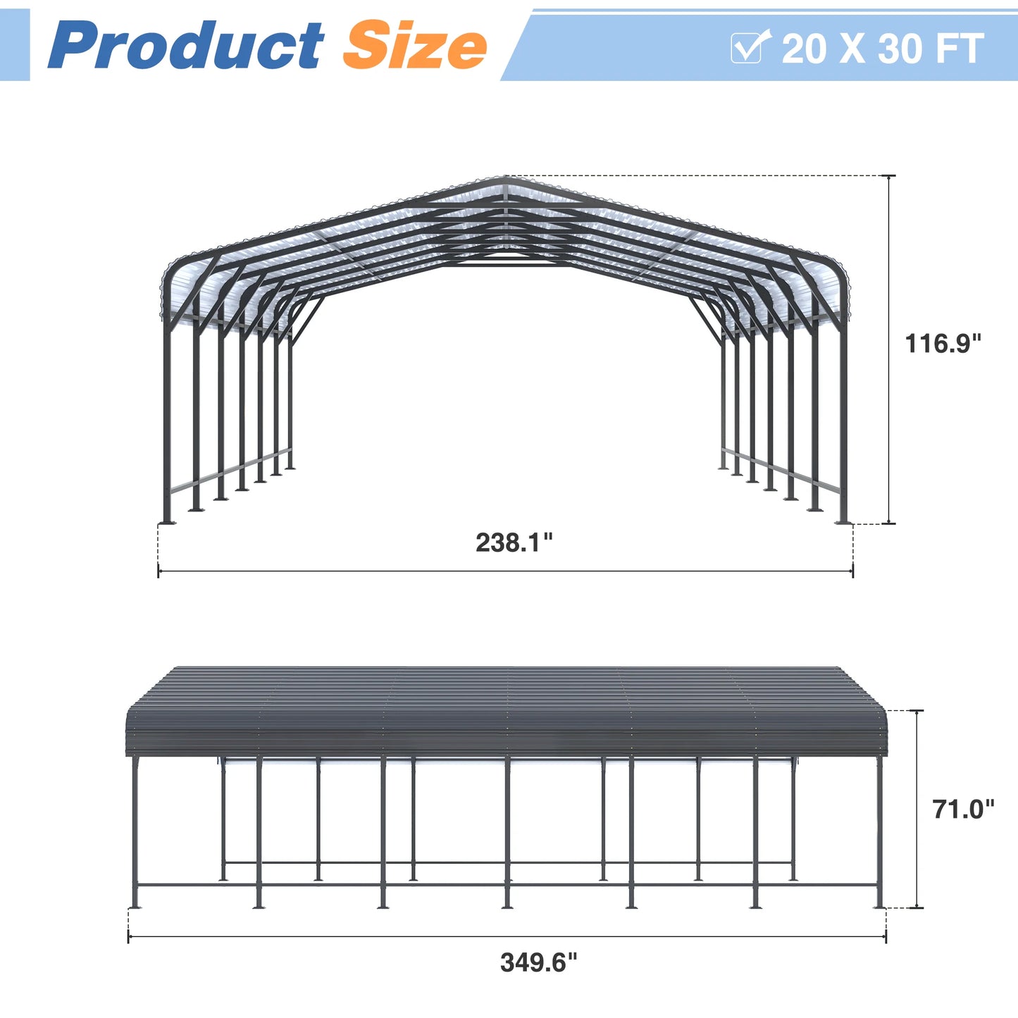Heavy Duty Multi-Size Metal Carport w/ Enhanced Base