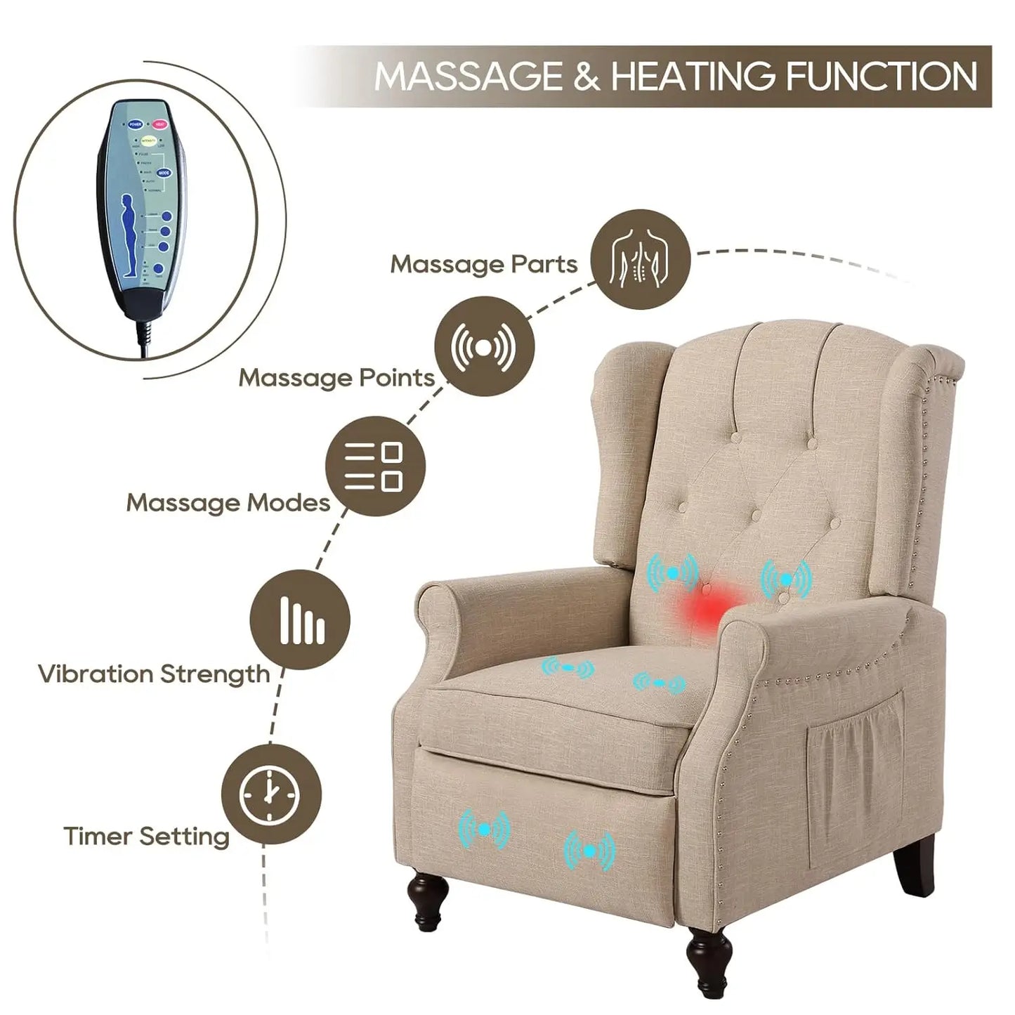 Massage Heat Wingback Recliner