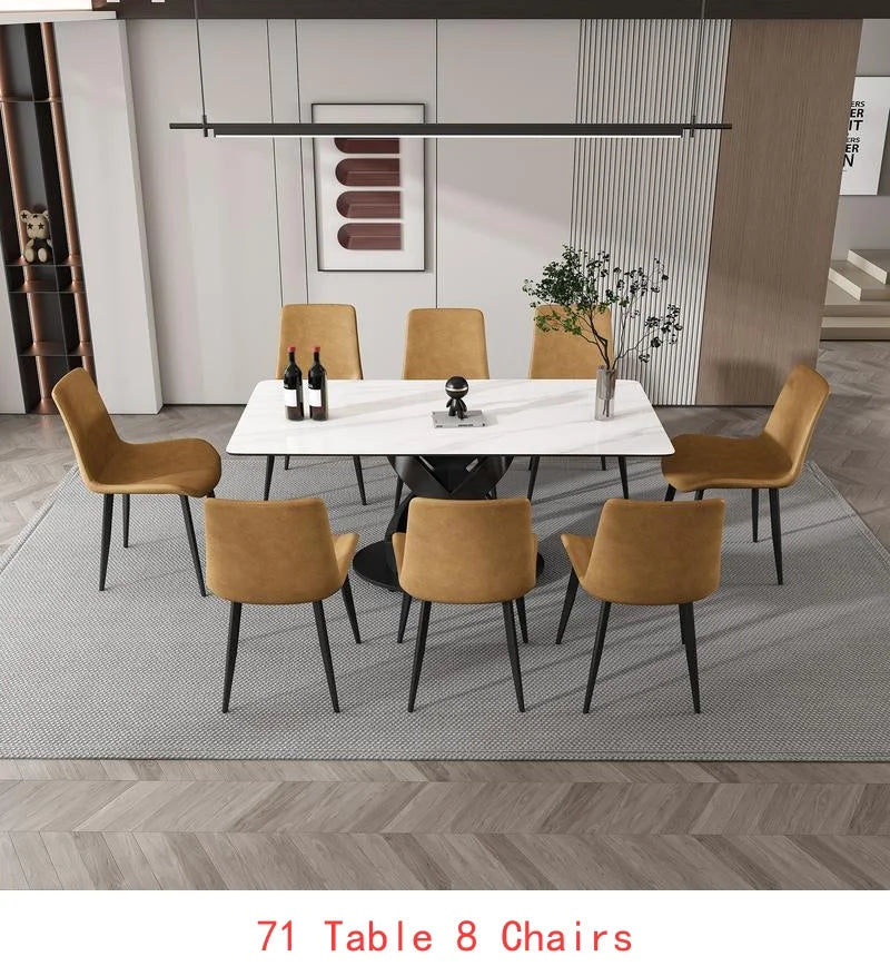 Modern Luxury Rectangular Dining Table with Centered Stone Top and Carbon Steel Base