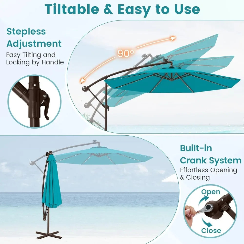Offset Patio Umbrella with Base Included and Solar LED Lights