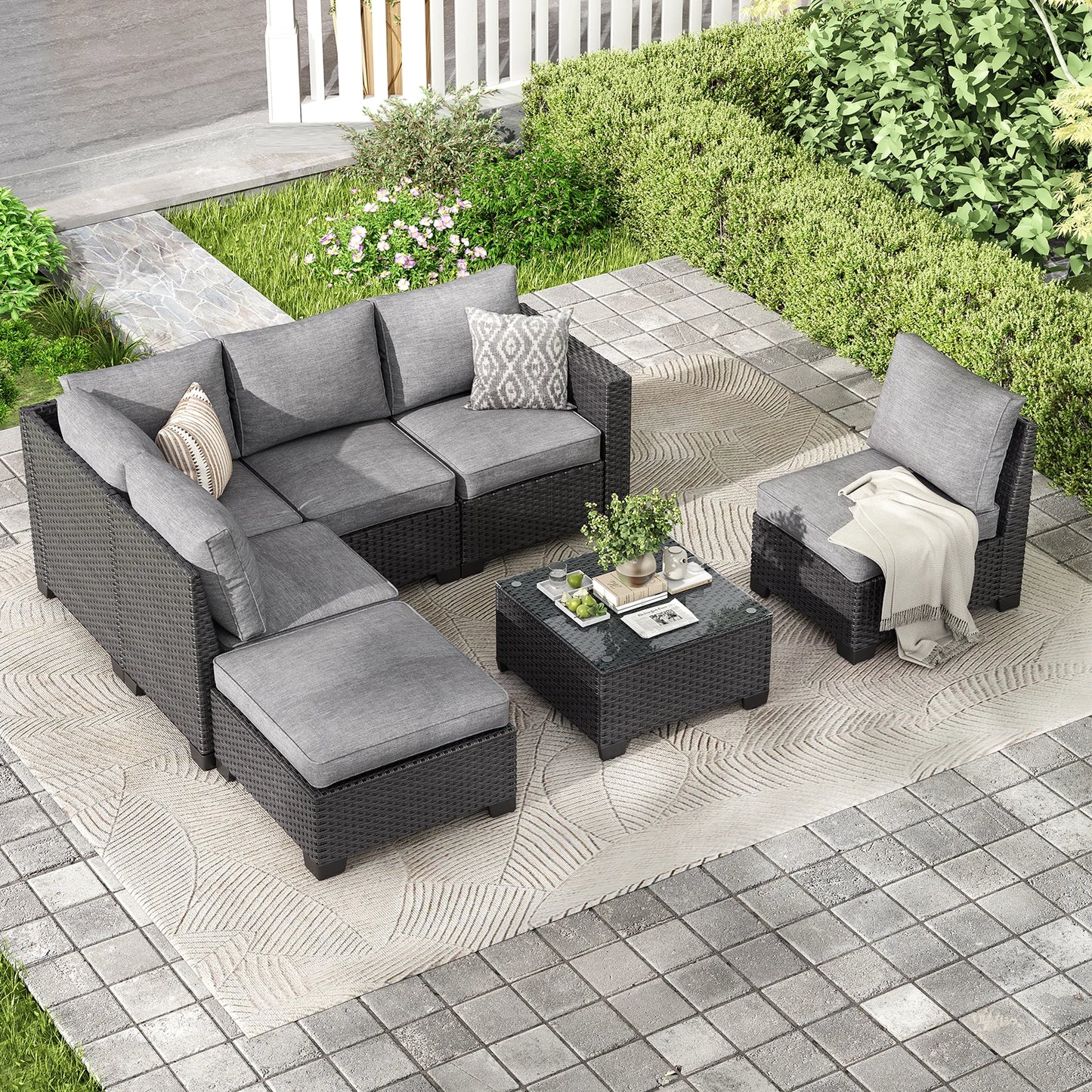 Patio Sectional Sofa Set with Ottoman, Water/Oil/Stain-Resistant Fabric