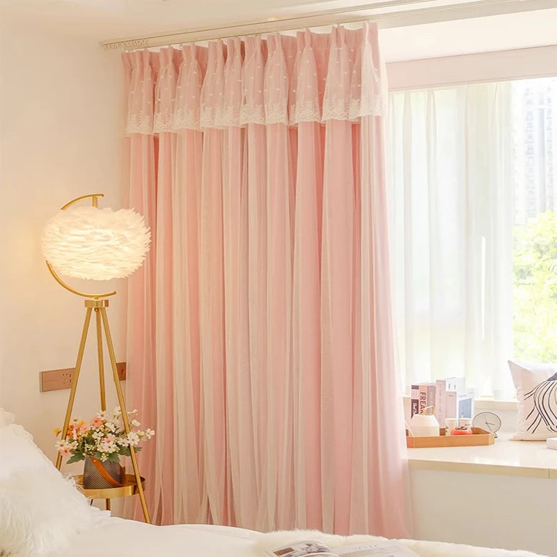 2pcs girls double princess style French pink curtain