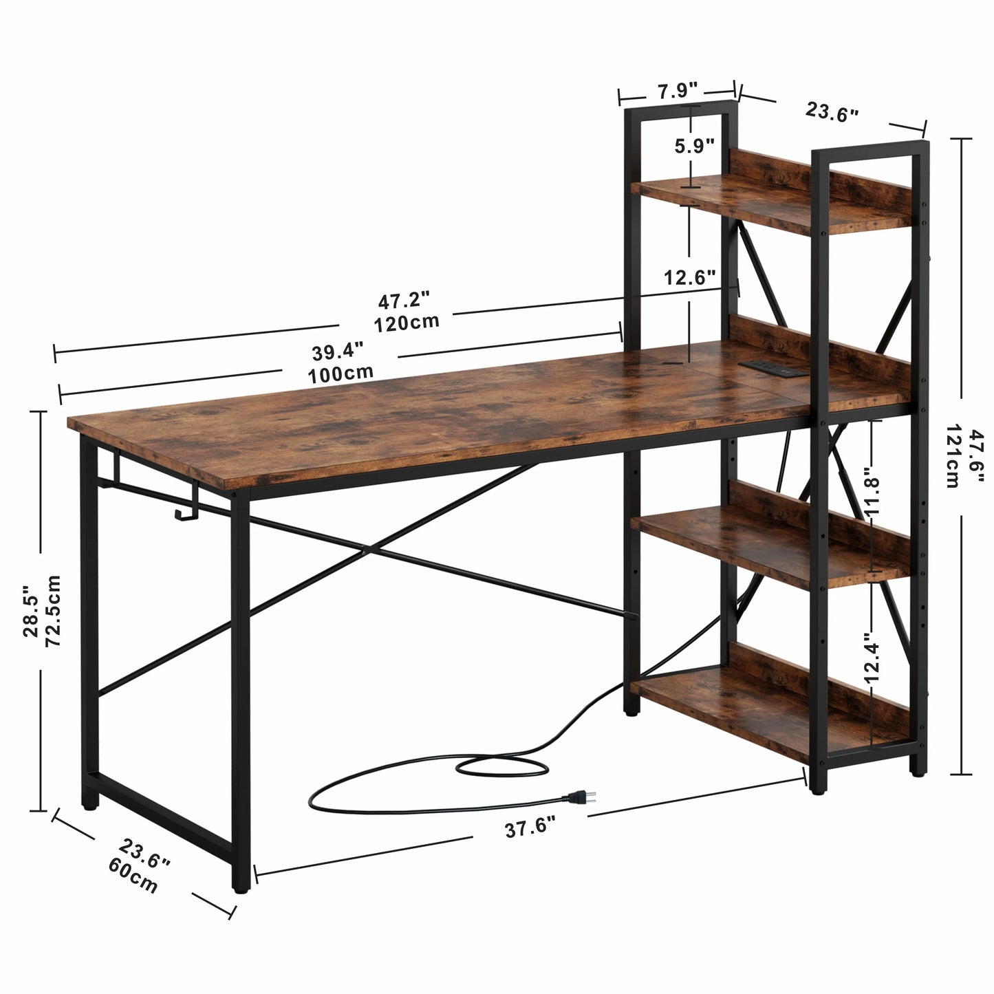 Computer Desk with Power Outlet with Storage Shelves and USB Ports Charging Station