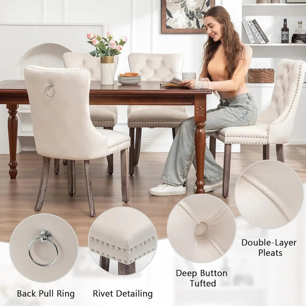 Upholstered Velvet Dining Room Chairs with Nail-Head Ring Pull Trim
