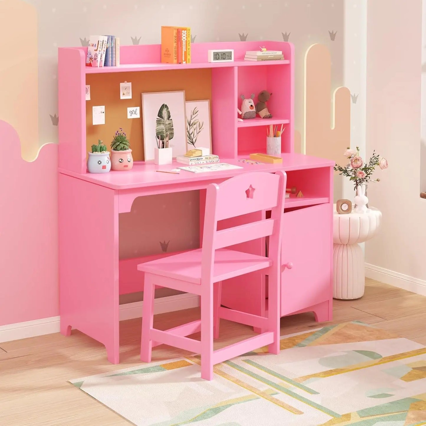 Wooden Student Writing Table Computer Workstation with Hutch Storage Cabinet