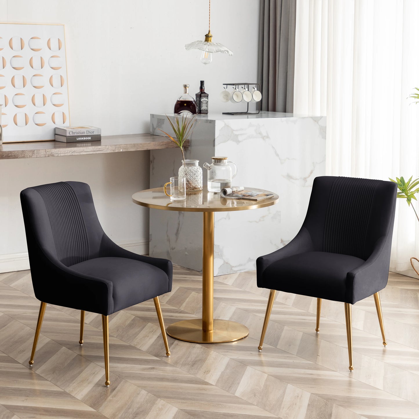 Modern Glam Vanity Buckle Pleated Velvet Dining Chair with Rear Handle