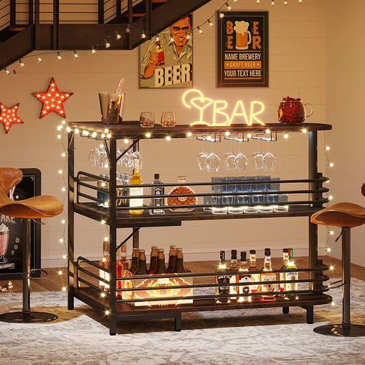 Dining Room 3 Tier Liquor Bar Table with Storage Shelves and Wine Glasses Holder